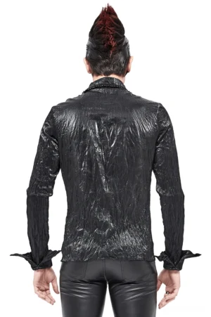 Gothic punk rock black shirt rear view on model showing smooth back panel and studded collar detail