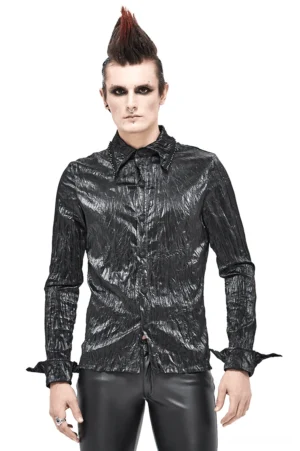 Gothic punk rock black shirt front view on model with crinkled fabric and metal chain collar trim