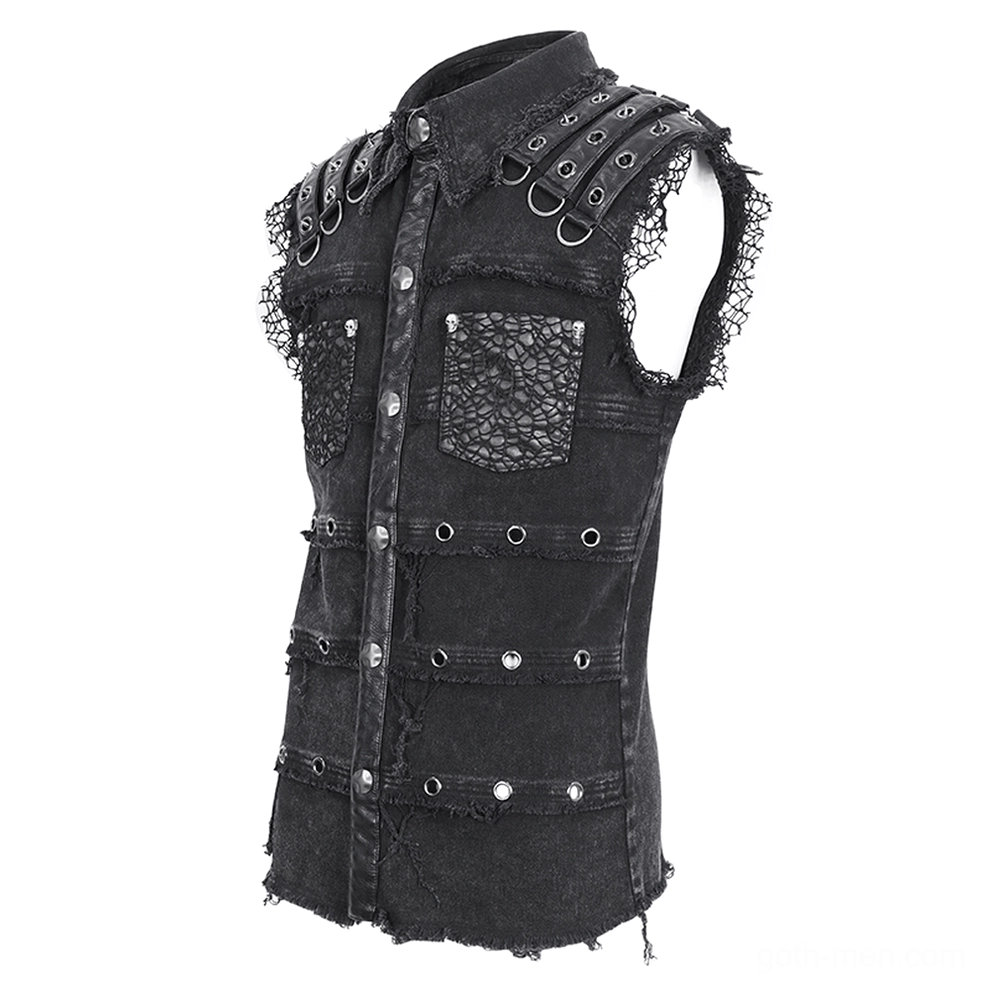 Black studded punk vest three-quarter view - sleeveless design with frayed armhole lace trim