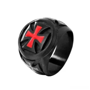 Black and red iron cross gothic biker ring front view, 18mm wide matte black band with red enamel cross detail on white background