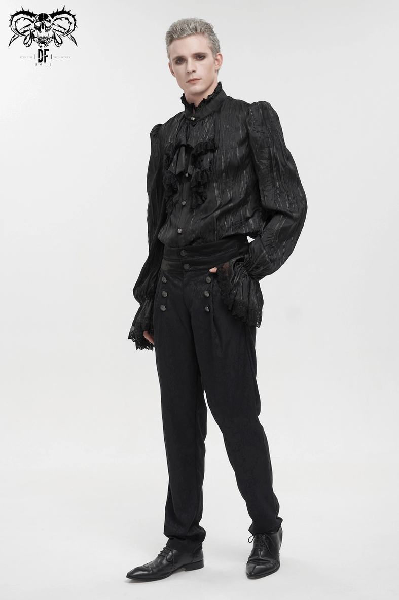 Men's gothic black ruffled shirt sleeve and collar details highlighting lace trim and intricate gothic embellishment