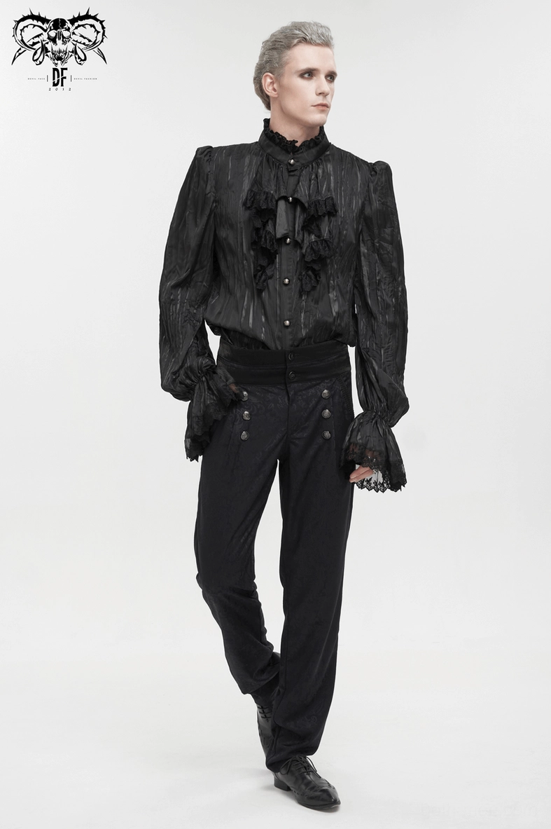 Men's gothic black ruffled shirt lace and ruffle construction detail emphasizing craftsmanship and gothic aesthetic
