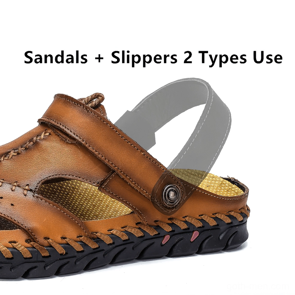 Men's black convertible genuine leather gothic sandals with hook-and-loop fastener - detail view