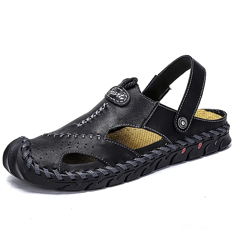 Men's black convertible genuine leather gothic sandals with breathable mesh insole - flat side view