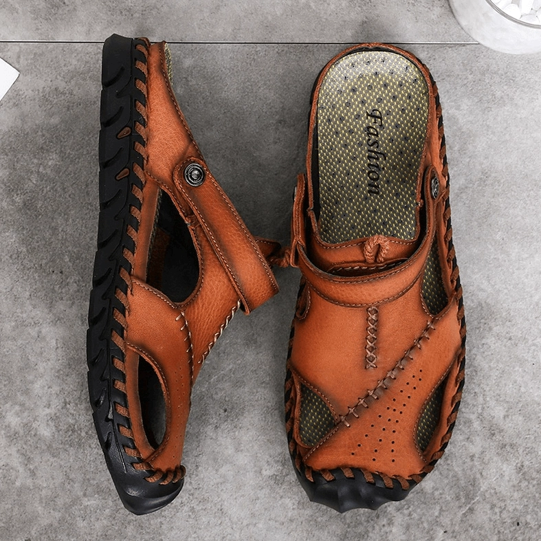 Men's black genuine leather gothic sandals with reinforced heel and ankle wrap system