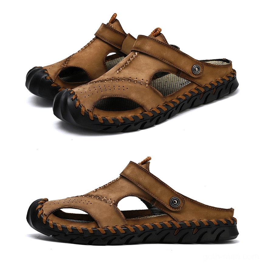 Men's black genuine leather gothic ankle-wrap sandals with reinforced stitching - detail shot