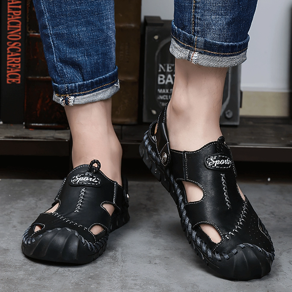 Men's black genuine leather gothic sandals styling guide - casual dark aesthetic pairing