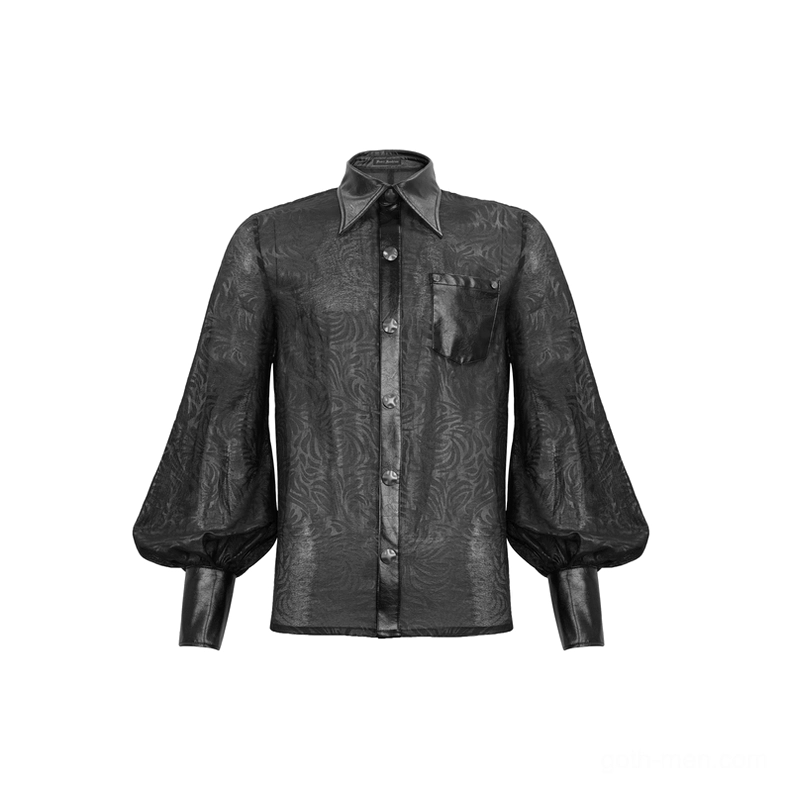 Black transparent gothic jacquard dress shirt with PU leather pocket and collar trim - front flat lay, lantern sleeves, button-down closure detail