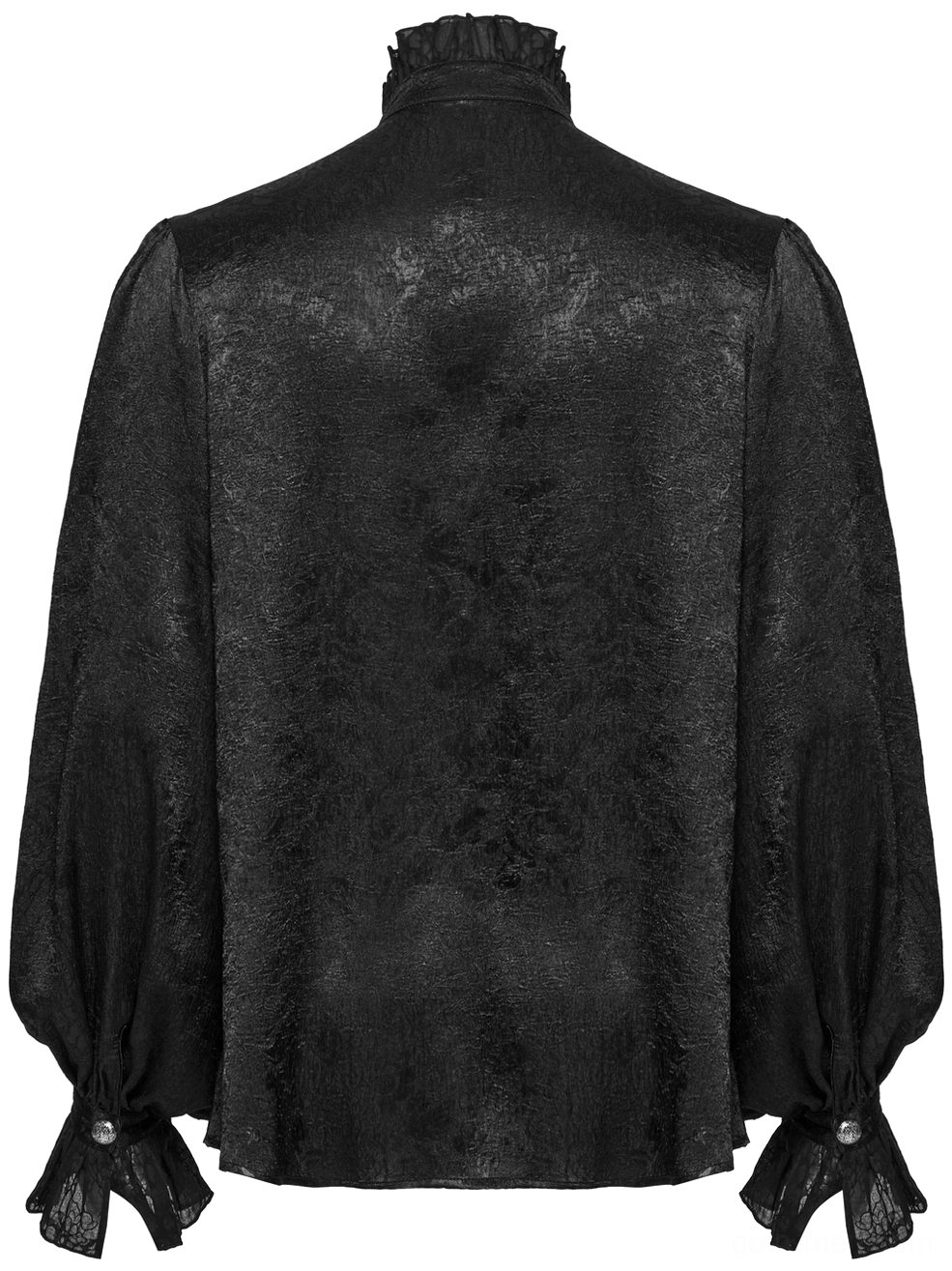 Back flat lay of black gothic Victorian shirt displaying ruffled cuffs and shiny jacquard weave