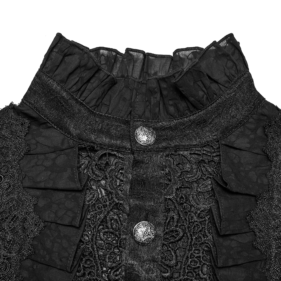 Close-up detail of black gothic shirt ruffled collar with lace trim and engraved metal buttons