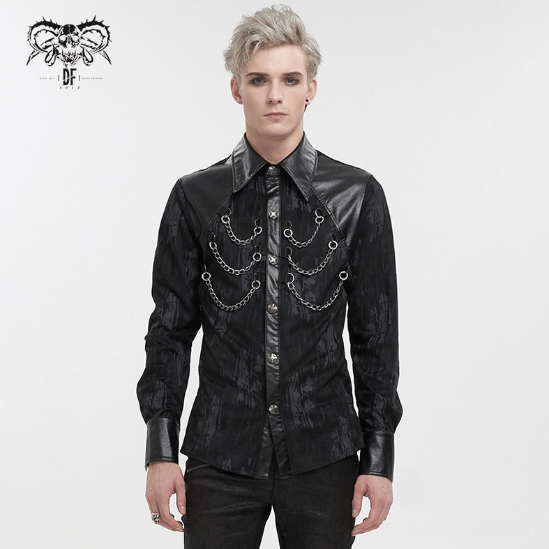 Black gothic shirt texture detail showing distressed printed fabric with PU leather panel contrast