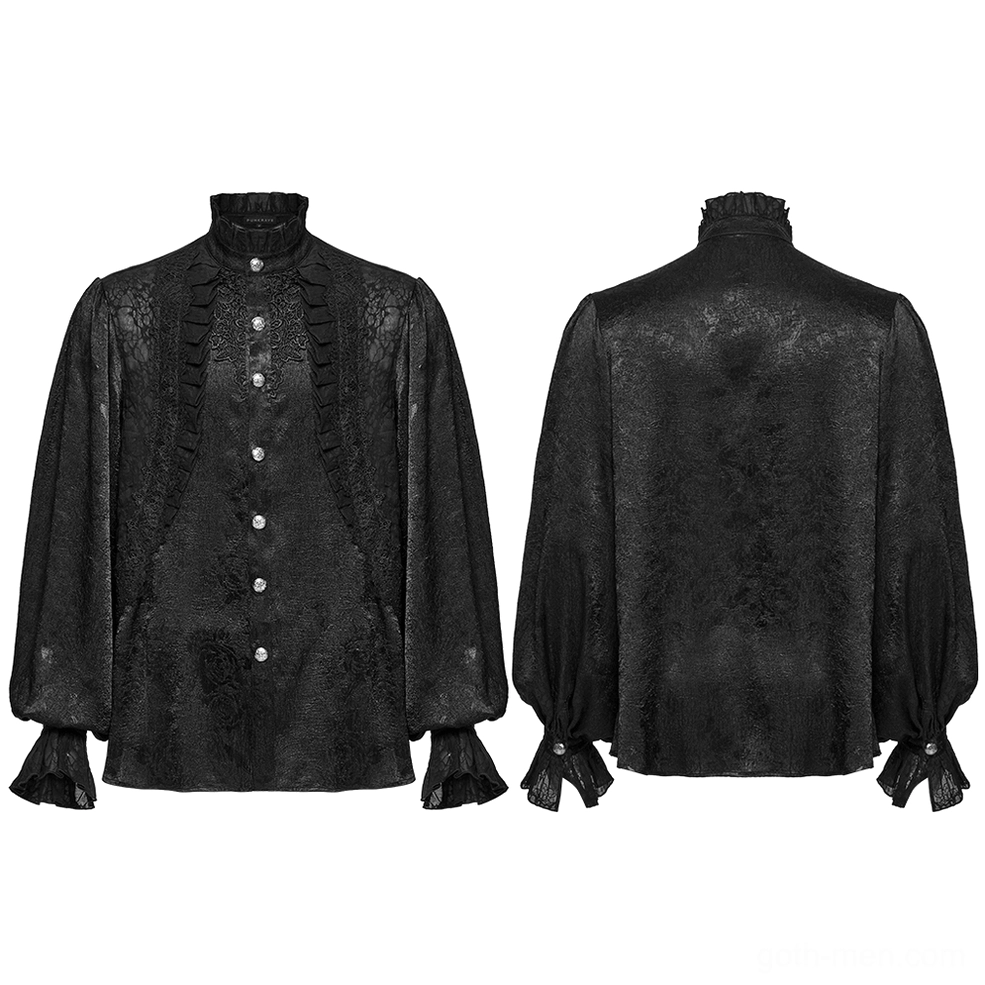 Flat lay of black Victorian gothic shirt showing front and back with lantern sleeves and lace placket