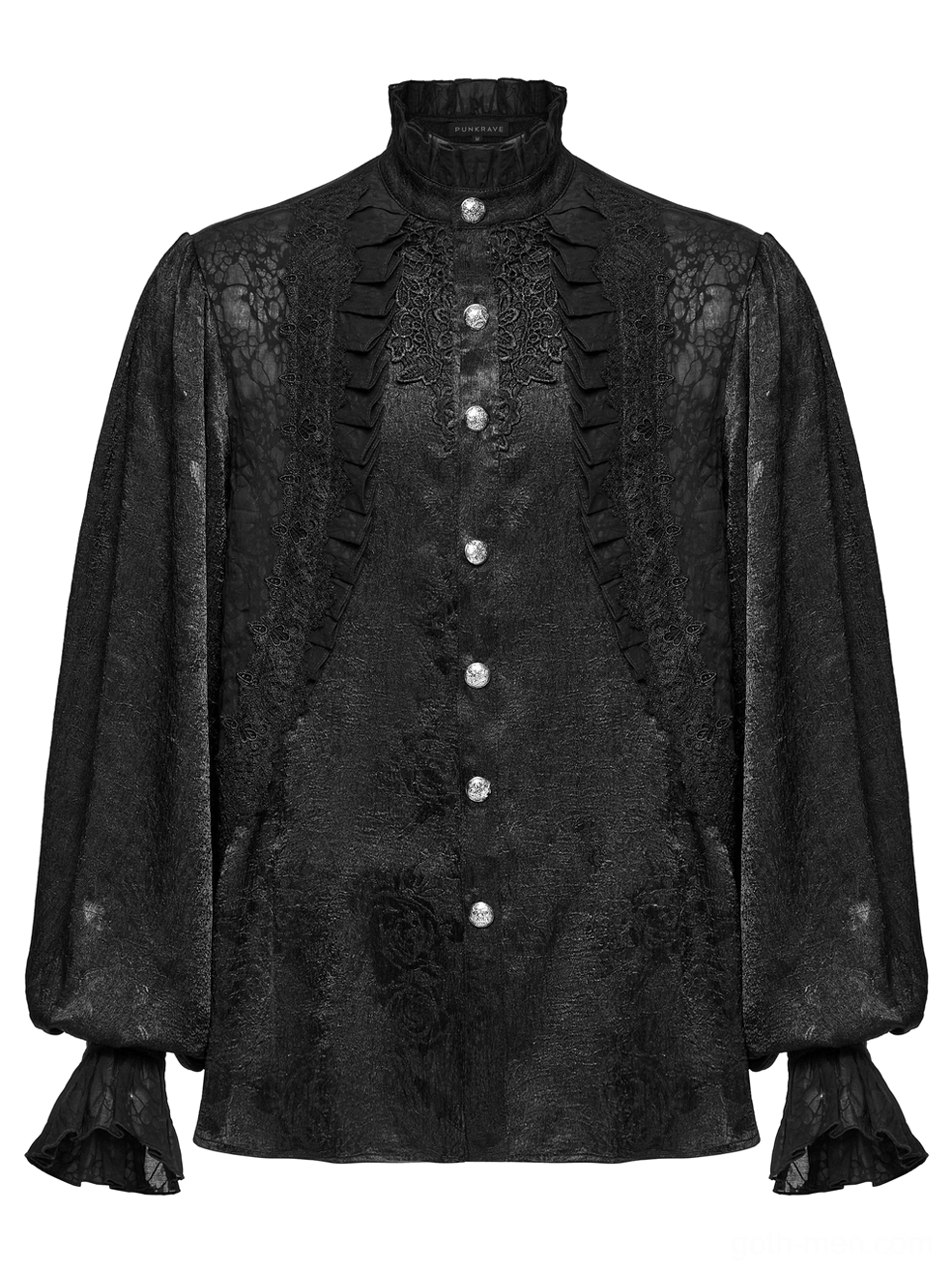 Front flat lay of black gothic Victorian shirt with ruffled collar and engraved button detail