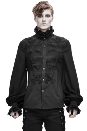 Black gothic shirt front view on male model showing ruffled lace collar, embroidered scrolls, and pleated chest panel