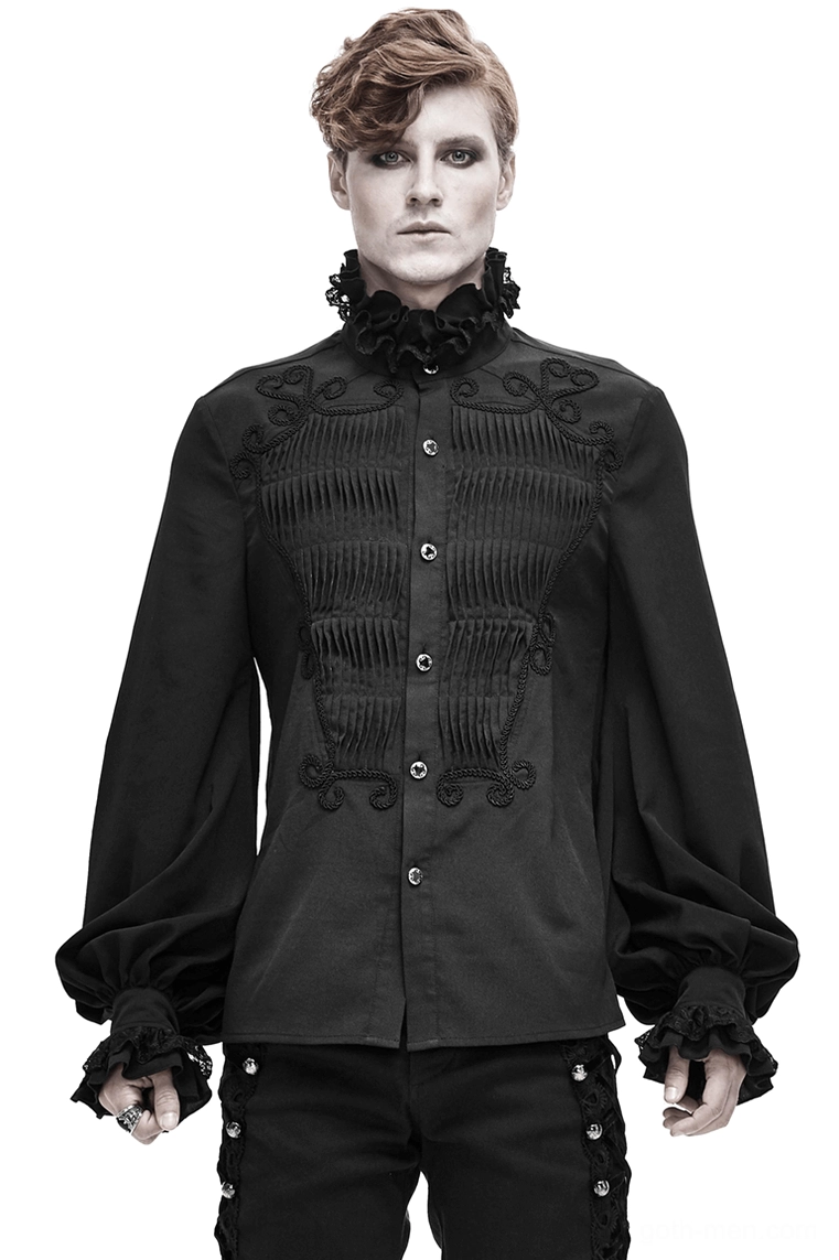 Black gothic shirt front view on male model showing ruffled lace collar, embroidered scrolls, and pleated chest panel