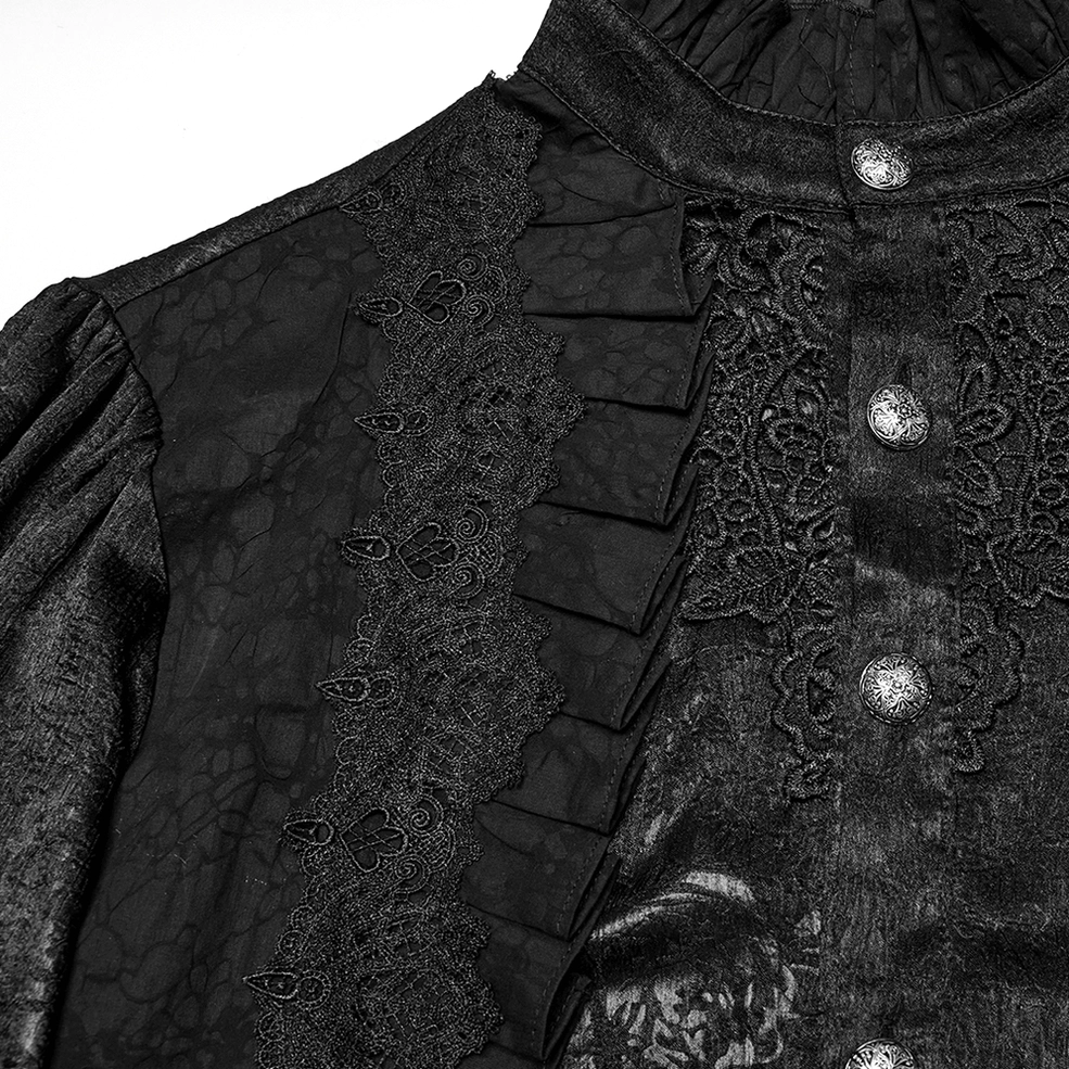 Front placket close-up showing layered ruffles, lace trim, and shiny jacquard fabric texture