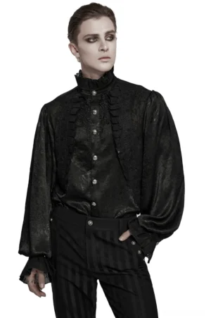 Male model wearing black Victorian gothic shirt with ruffled collar and lace trim, front three-quarter view