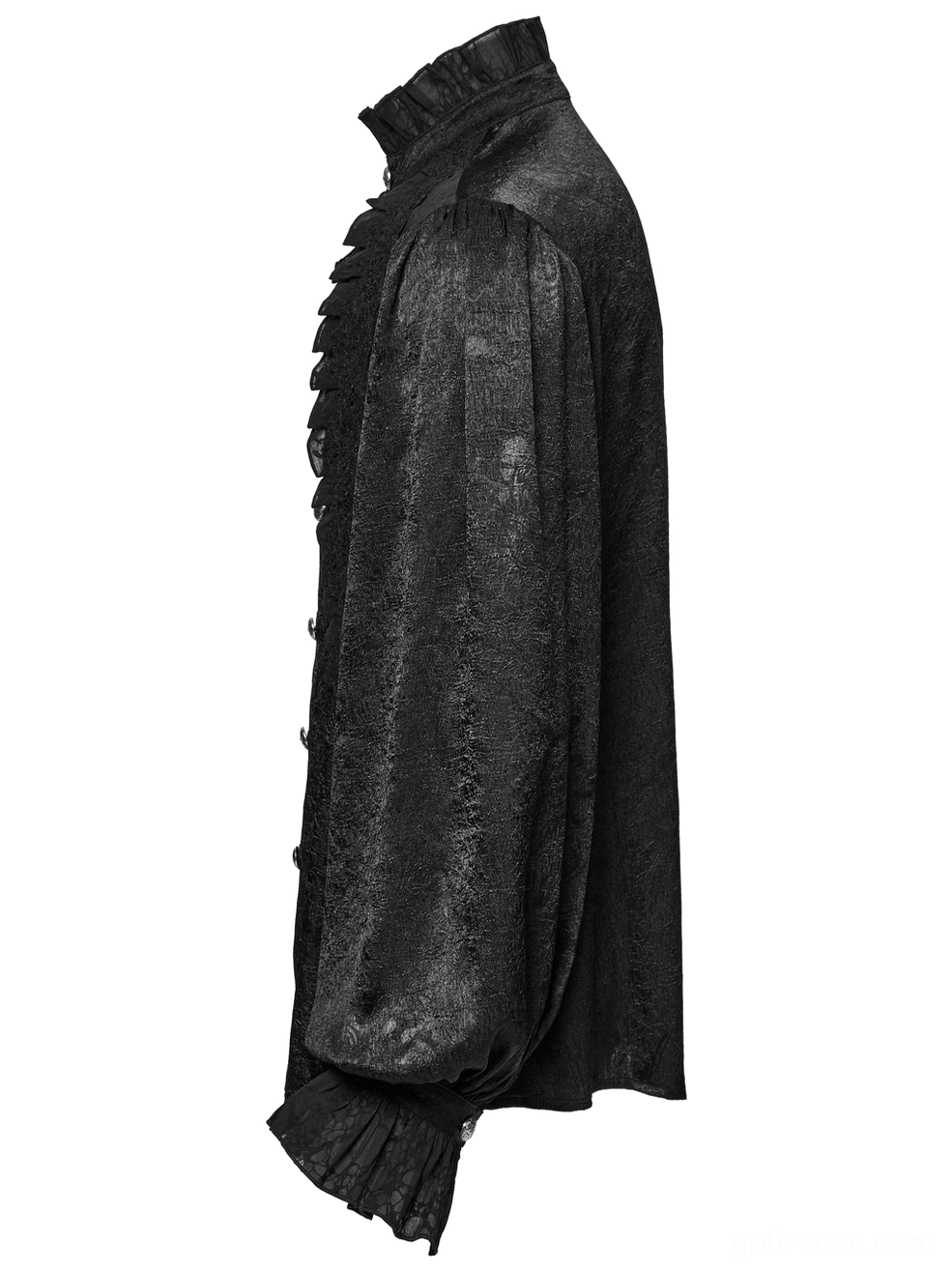 Side profile view of black Victorian gothic shirt showing lantern sleeve and jacquard texture