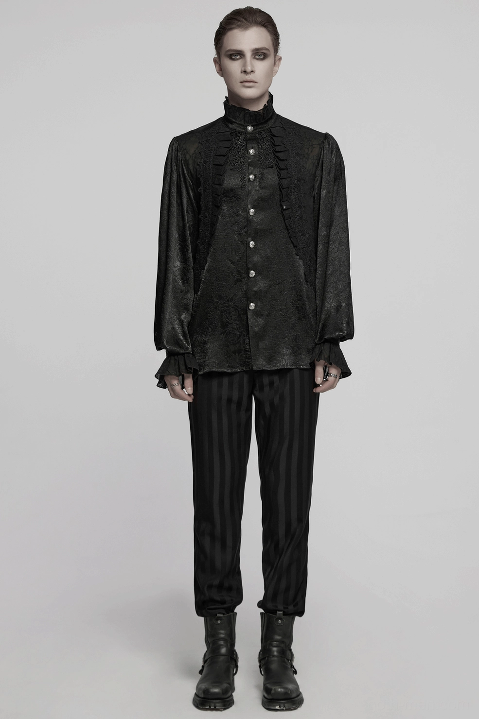 Black gothic shirt detail showing bubble texture and jacquard weave with dimensional richness