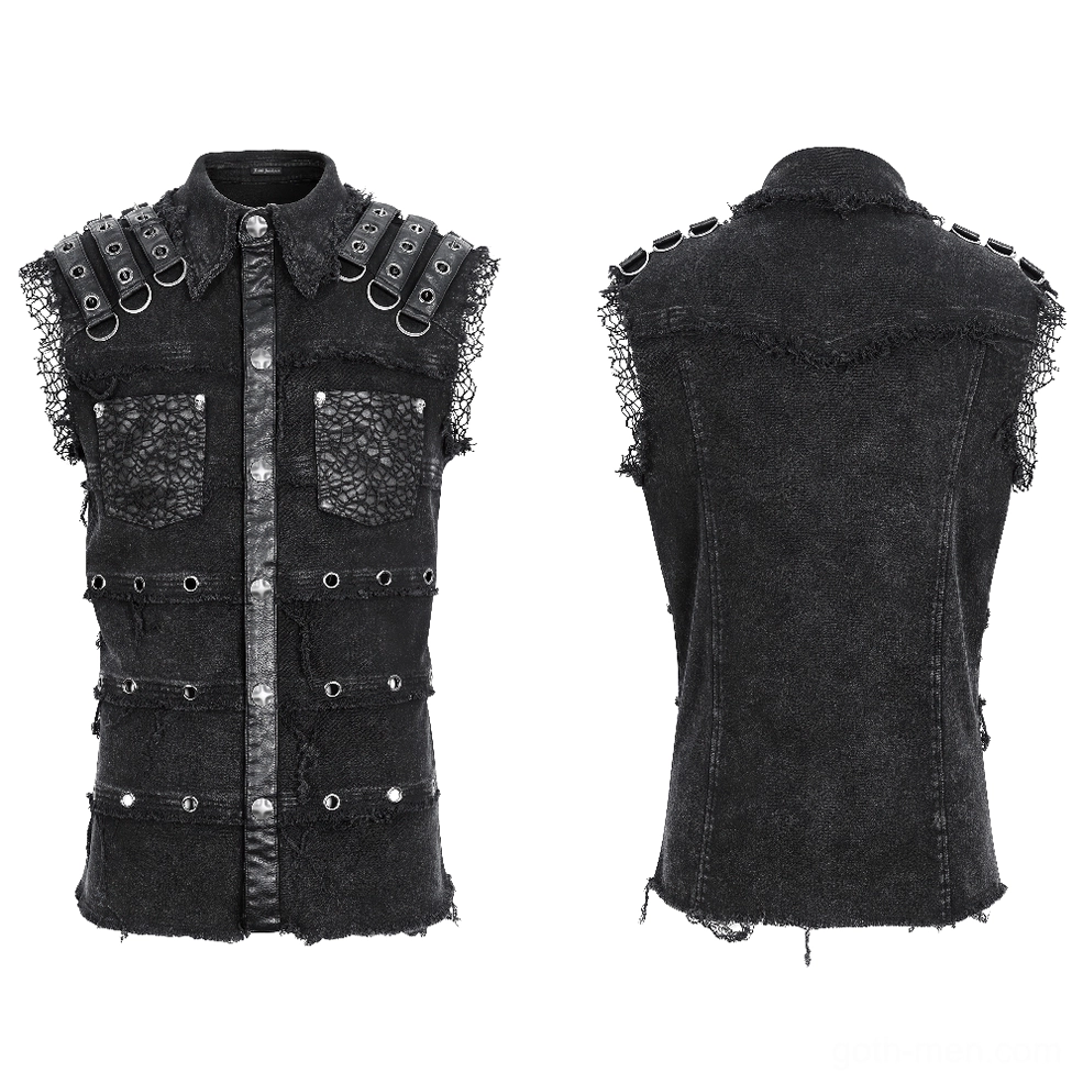 Sleeveless black denim punk vest with metal studs - front and back product comparison studio shots