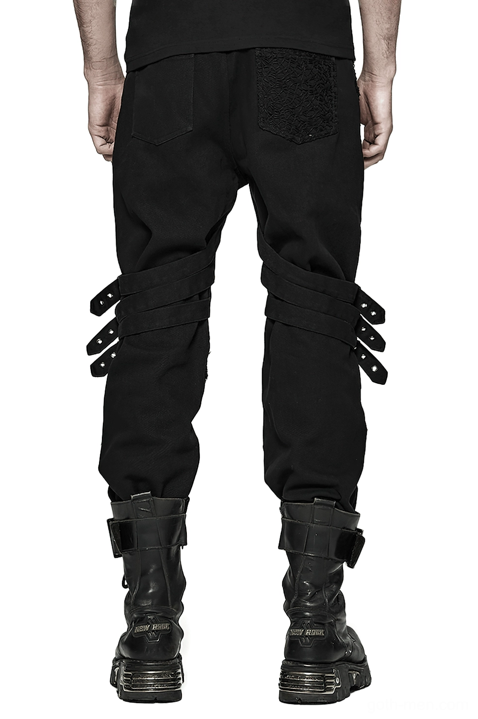 Black gothic slim-fit trousers with adjustable buckle straps, rear view on model