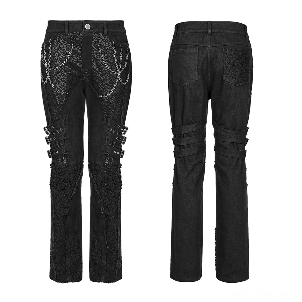 Black gothic slim-fit trousers with lace panels and metal chains, flat lay front display