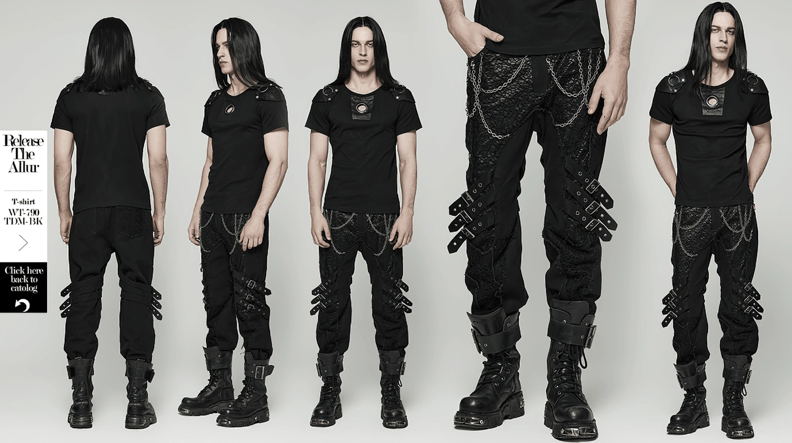 Black gothic slim-fit trousers full outfit showcase with metal chains and buckle accents