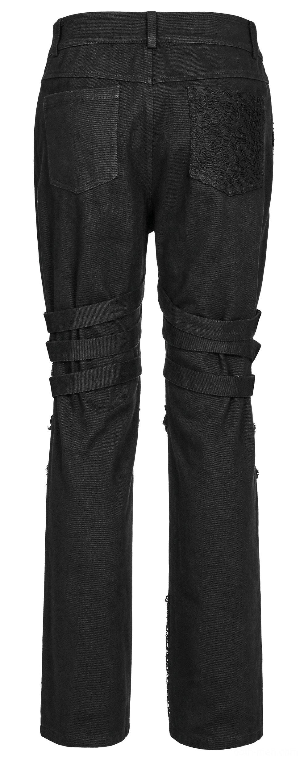 Black gothic slim-fit trousers rear flat display with back pockets and buckle straps