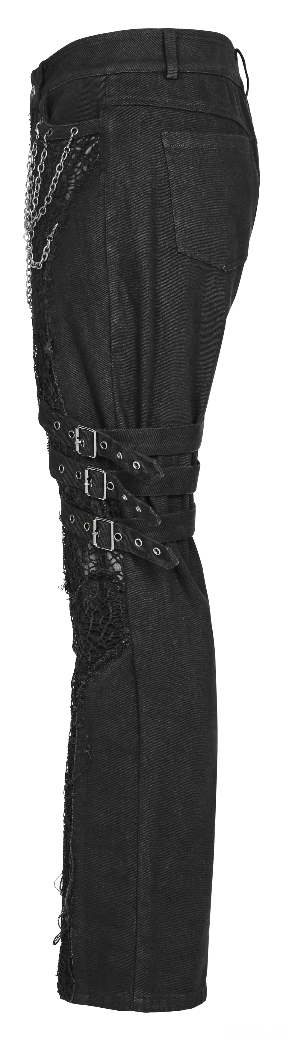 Black gothic slim-fit trousers side view showing metal chain straps, flat lay display