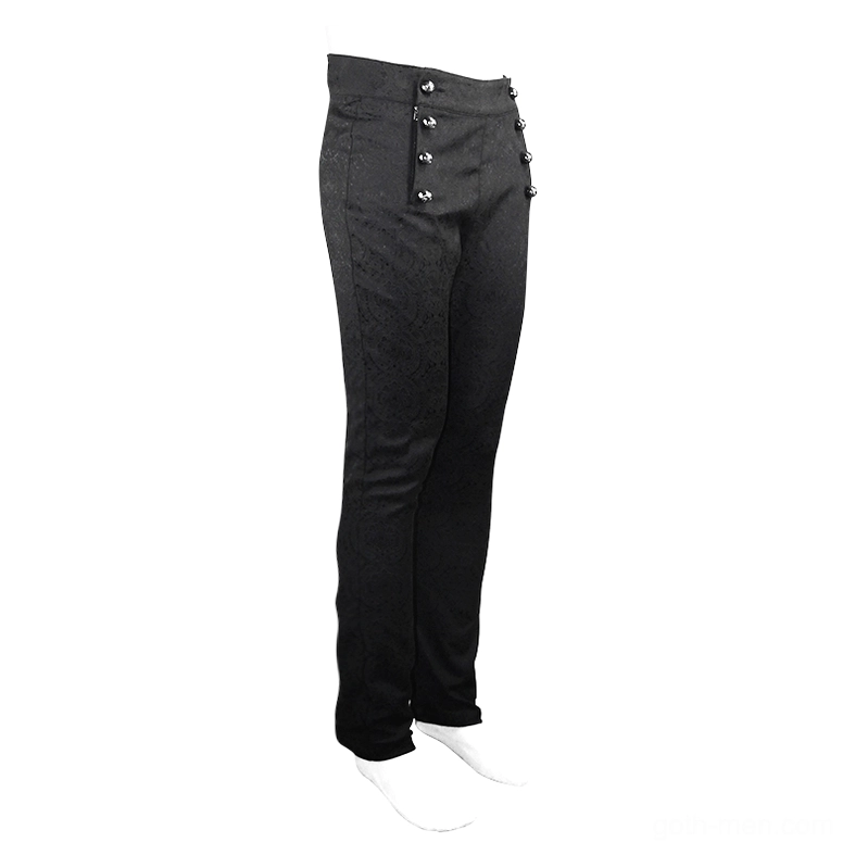 Side profile of vintage black gothic slim pants on mannequin, showing slim tapered fit and decorative double button rows
