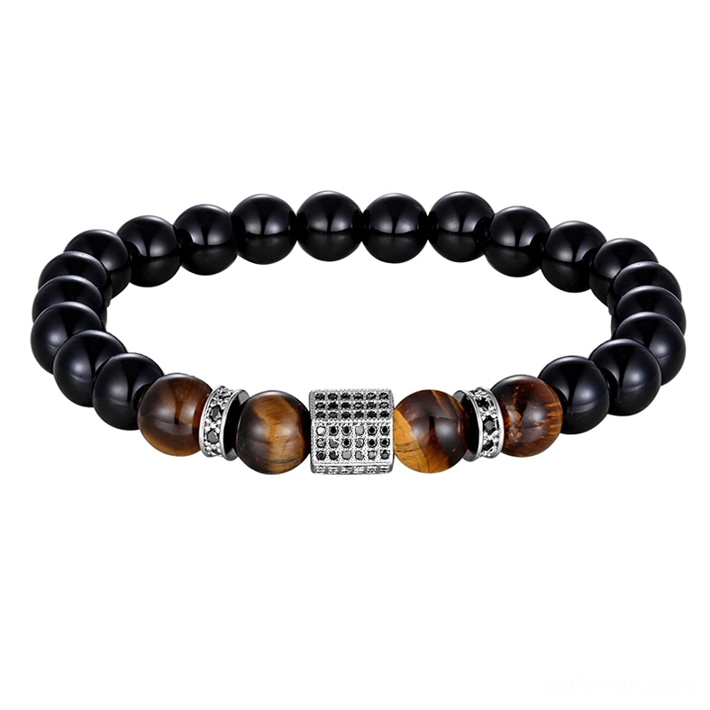 Black steel gothic cubic zirconia bracelet onyx tiger eye stones overhead shot