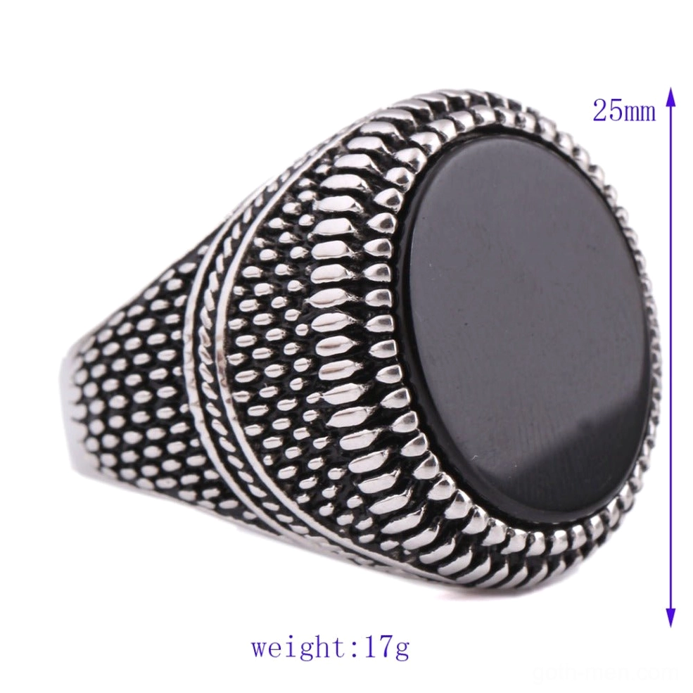 Gothic men's black stone ring 25mm band width specifications oblique side view