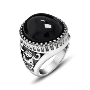 Black gothic statement ring with bold round stone, stainless steel engraved band, unisex alternative jewelry