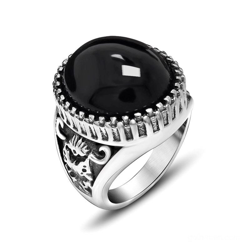 Black gothic statement ring with bold round stone, stainless steel engraved band, unisex alternative jewelry