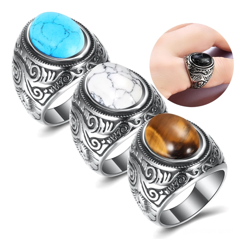 Gothic cracked black stone ring on hand model showing wearing effect and fit, oblique view demonstrating ring presence