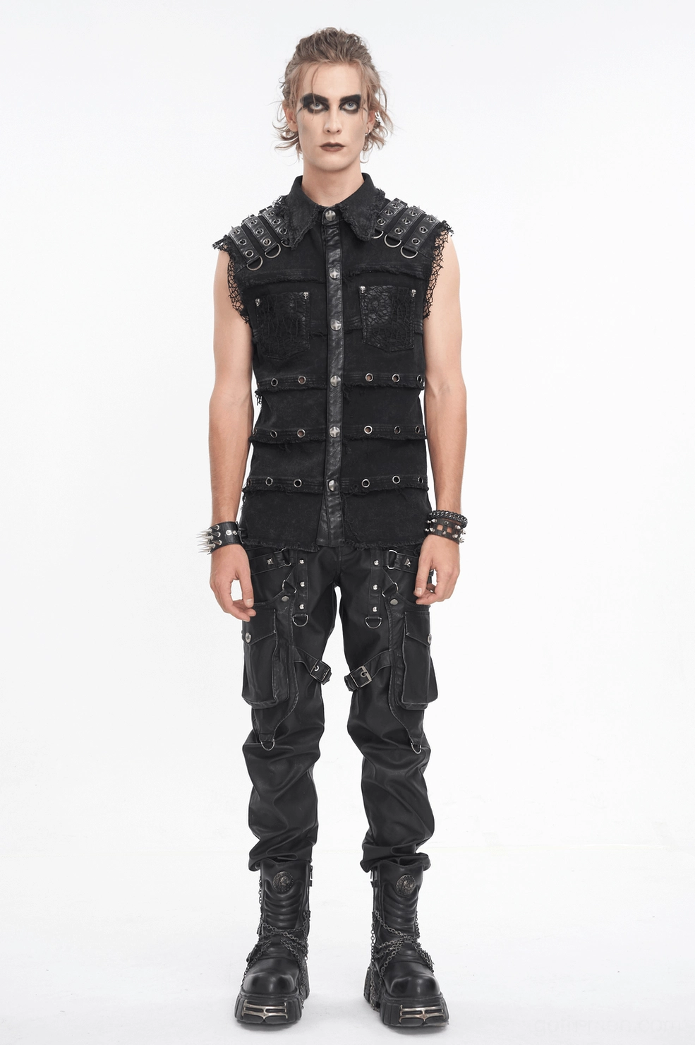 Gothic black studded vest with metal hardware - front product shot on model