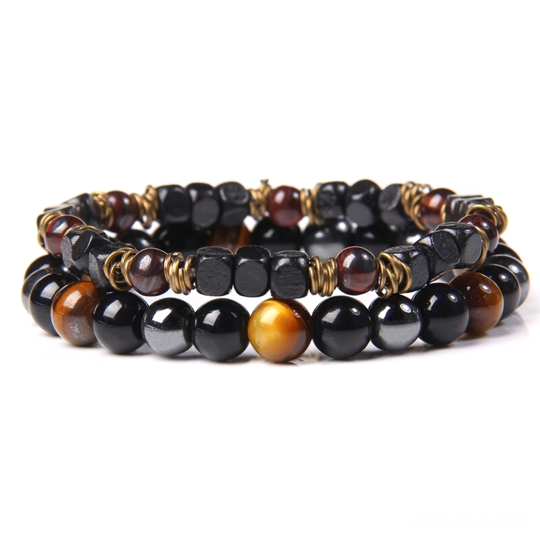 Black tiger eye and dark red stone bead bracelet for men, gothic aesthetic wrist jewelry