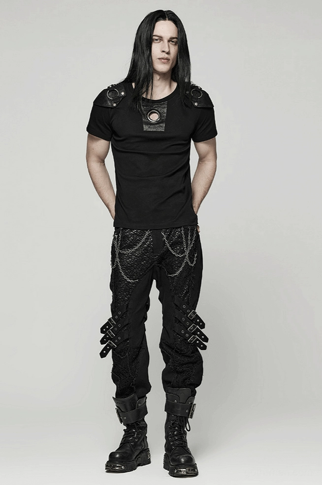 Black gothic slim-fit trousers featuring abstract bone-like visual segmentation pattern