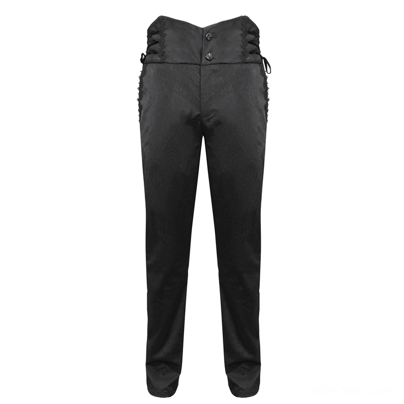 Gothic high-waisted black trousers flat lay front showing carved floral buttons and jacquard weave texture