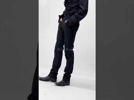 Black slim-fit gothic trousers styled with leather boots and partial model view side silhouette