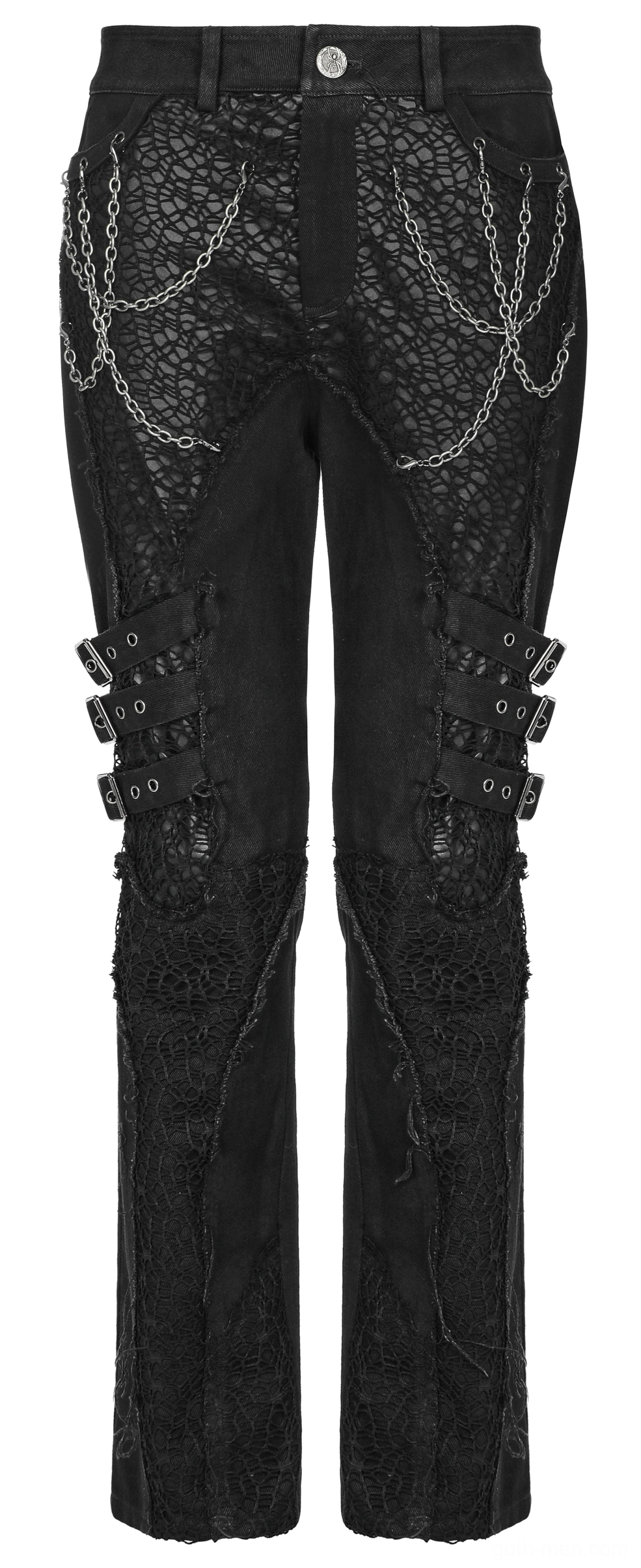 Black gothic trousers waist detail with metal chain accents, flat display