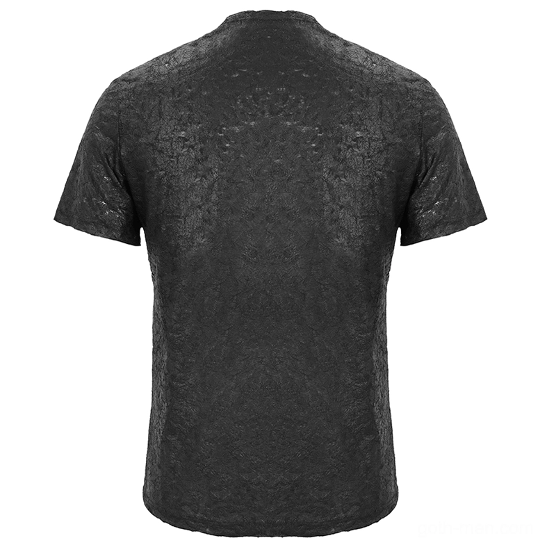 Rear flat lay of black cracked texture gothic men's t-shirt displaying full back design and fabric treatment
