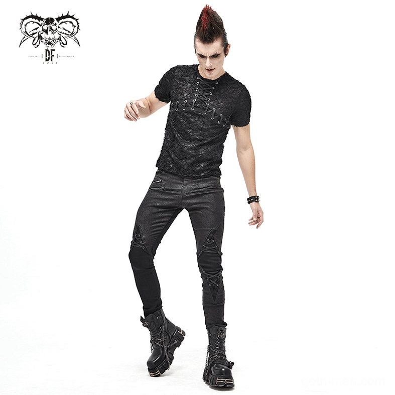 Three-quarter view of black gothic men's slim fit t-shirt showing lace-up elements and cracked fabric design