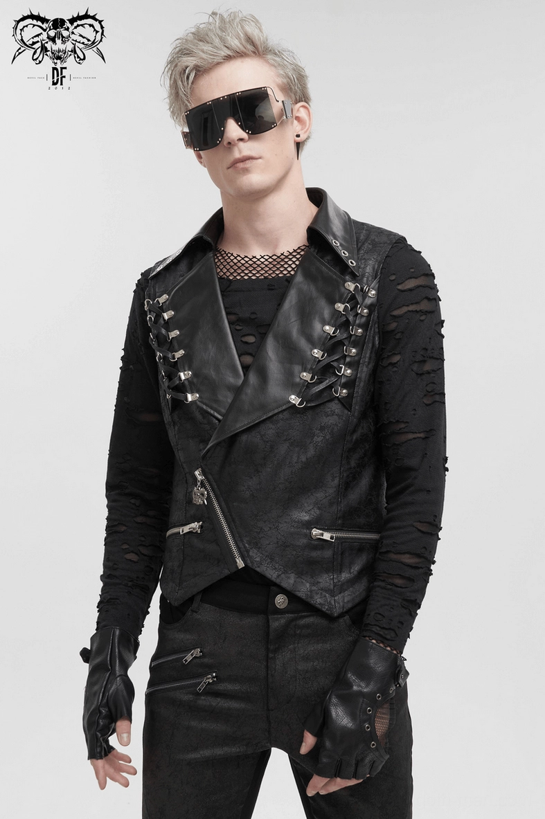 Men's gothic punk vest with fitted silhouette and industrial metal details for alternative fashion