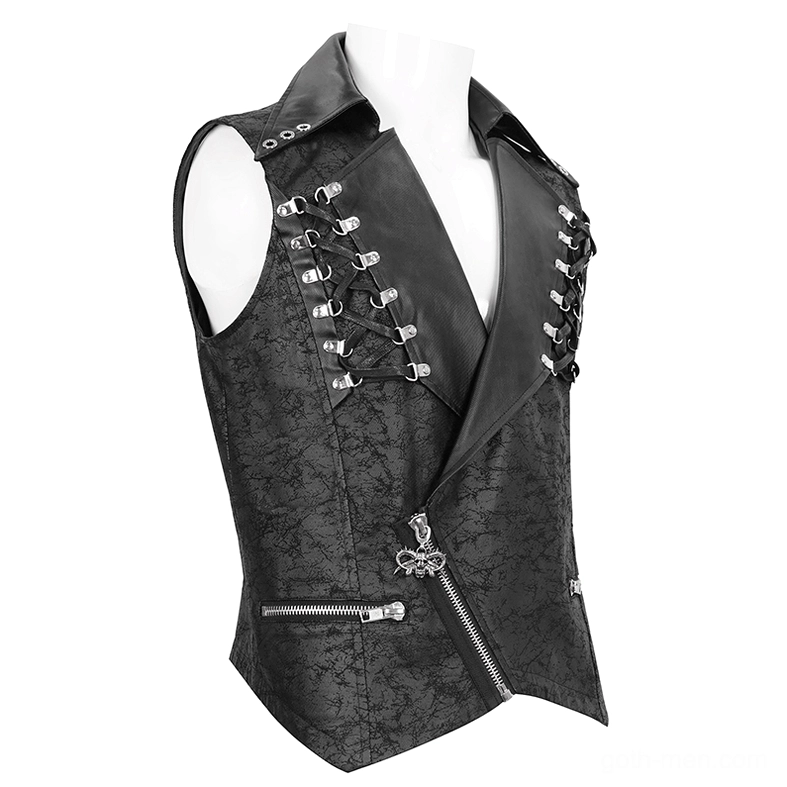 Men's gothic waistcoat right front three-quarter view with decorative metal zipper pull and side panels
