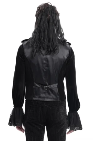 Gothic black brocade waistcoat rear view showing satin back panel and adjustable waist belt