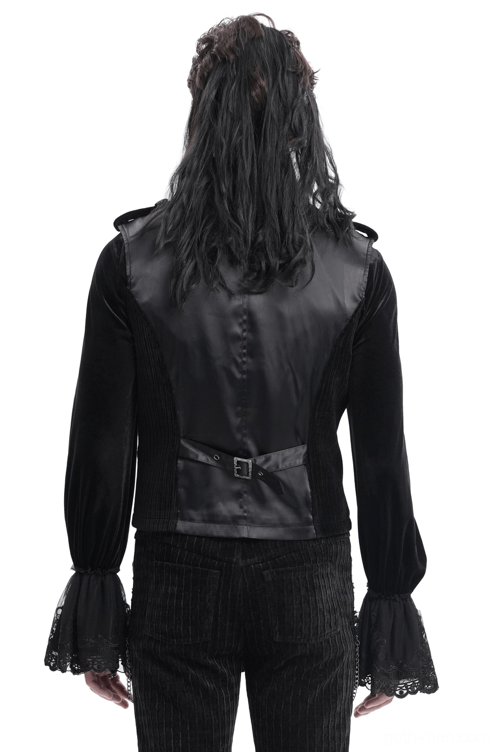 Gothic black brocade waistcoat rear view showing satin back panel and adjustable waist belt