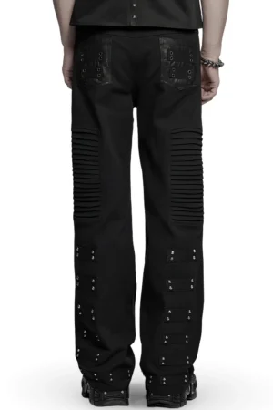 Black gothic wide leg tripp-style pants with distressed leather pockets and rivet leg details - rear full view