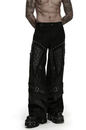 Black gothic wide-leg pants front three-quarter view with silver studs and buckle straps on male model
