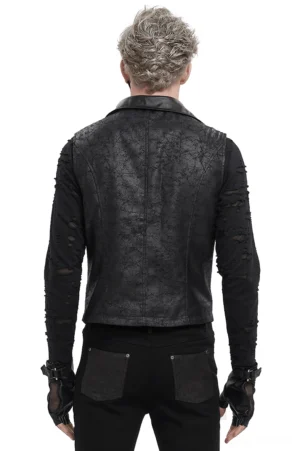 Men's gothic punk vest rear view showing cracked texture fabric and fitted cut on model